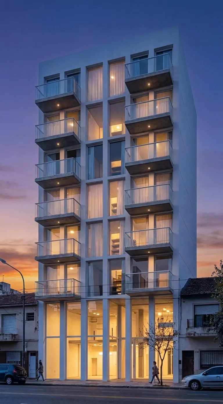 Render del edificio completo al anochecer, con las ventanas encendidas