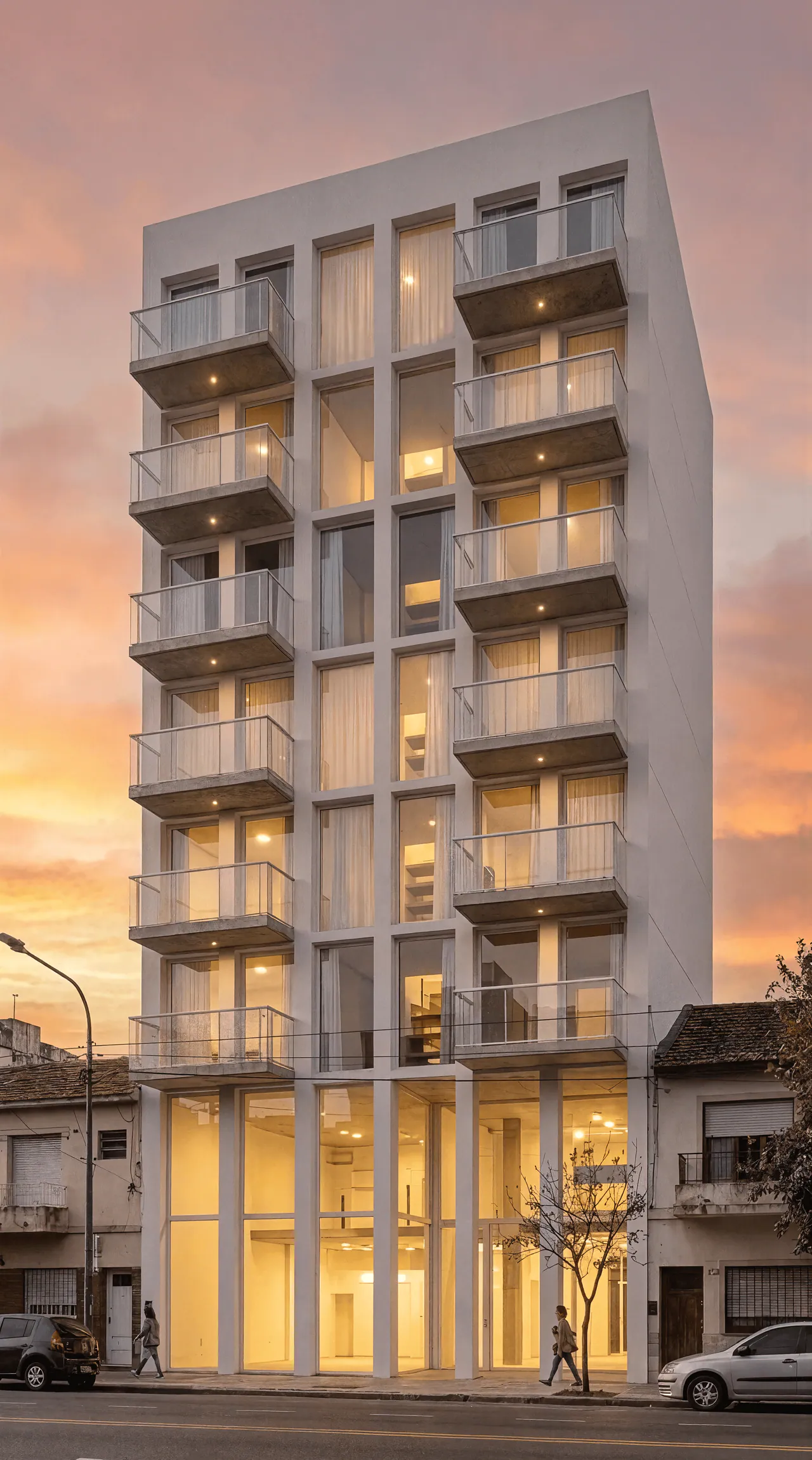 Render del frente de Habitar Monroe al atardecer, con balcones de hormigón y ventanales iluminados