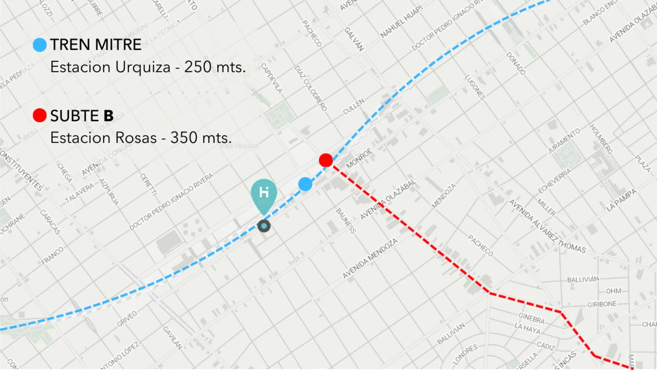 Mapa de transporte: estación Urquiza del tren Mitre y estación Rosas del subte B, cerca del edificio